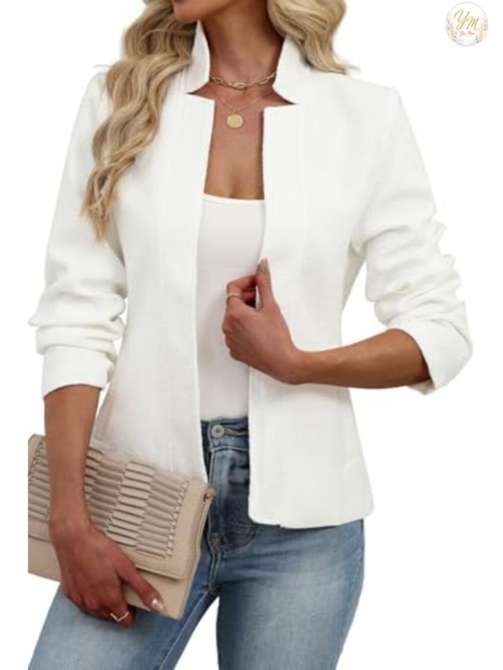 Women's Tweed Open Front Blazer Suit Jacket Business Casual Long Sleeve Notch